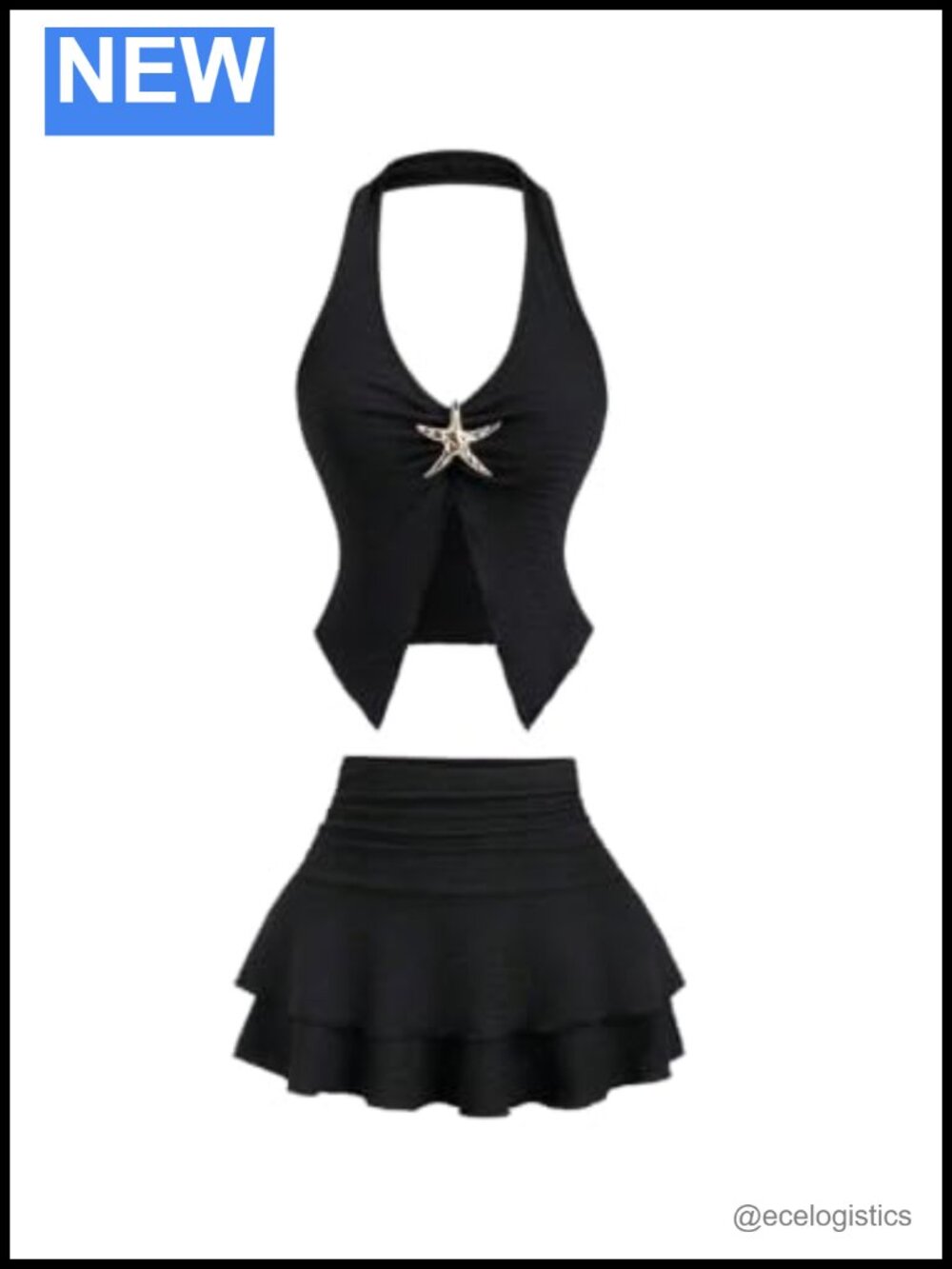 Women's 2 Piece Set Split Halter Neck Crop Top & Layered Ruffle Skirt Outfit